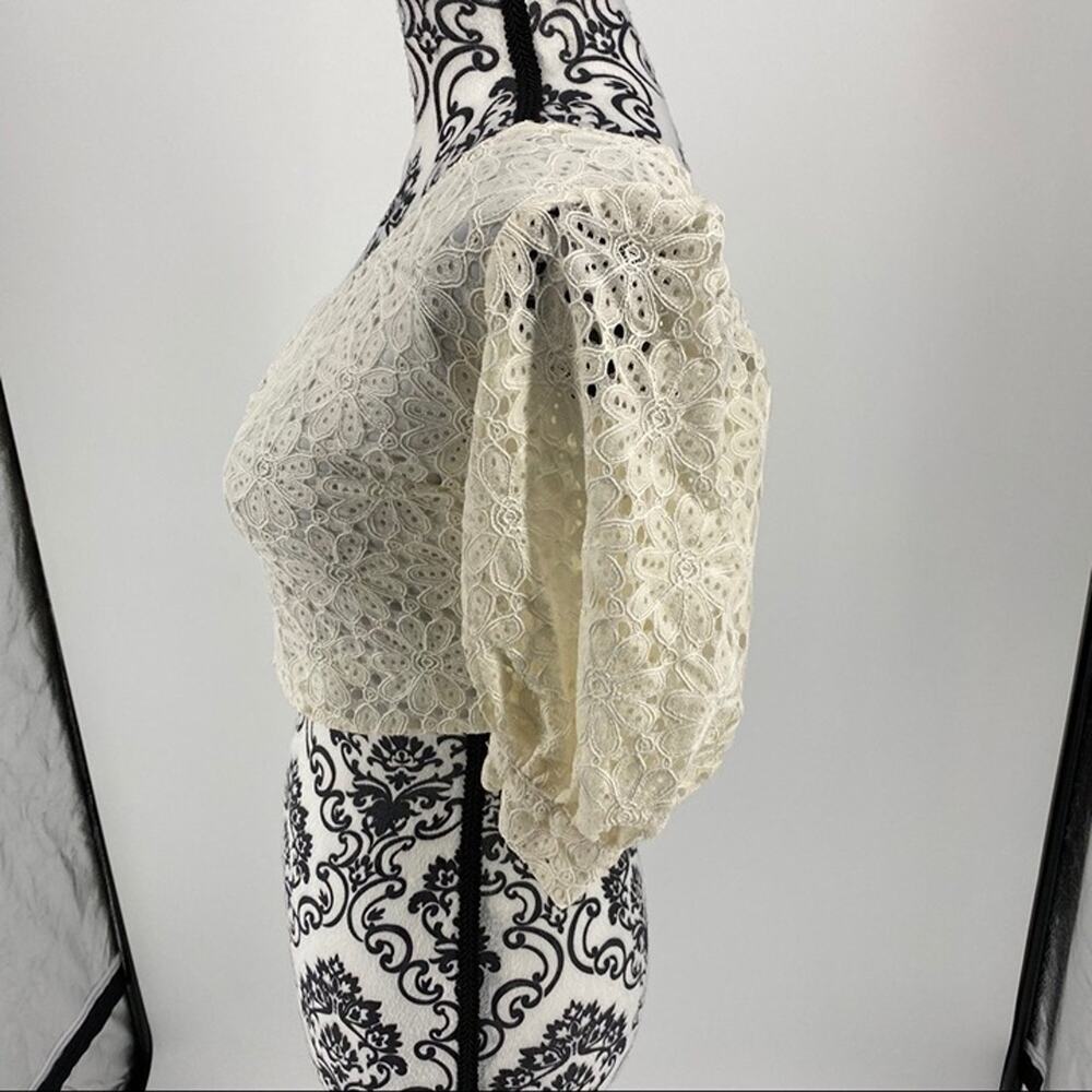 Topshop Cream Lace One Shoulder Puff Sleeve Crop Top US 6 UK 10 Floral Crochet - Picture 5 of 8